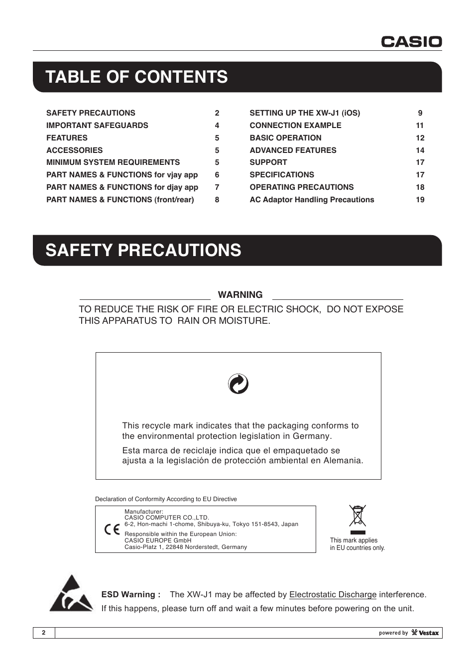 Table of contents safety precautions | Casio XW-J1 User Manual | Page 2 / 20