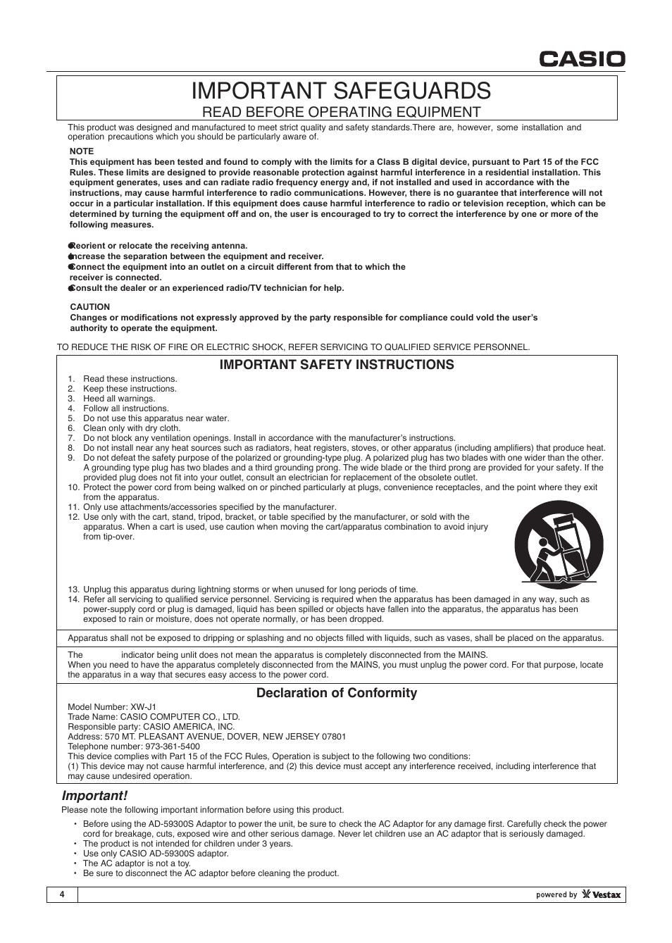 Important safeguards, Read before operating equipment, Important safety instructions | Declaration of conformity, Important | Casio XW-J1 User Manual | Page 4 / 20