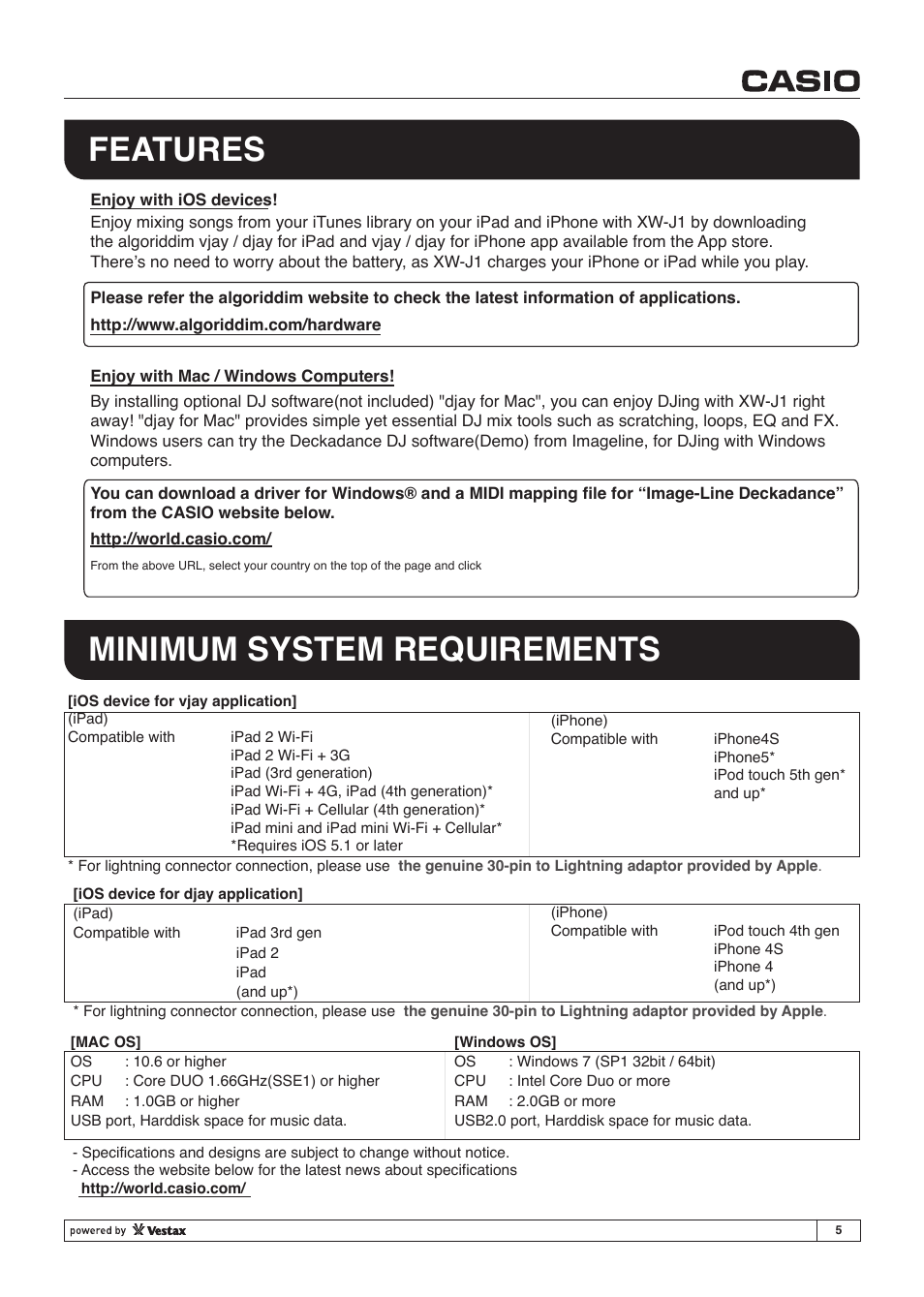 Features minimum system requirements | Casio XW-J1 User Manual | Page 5 / 20