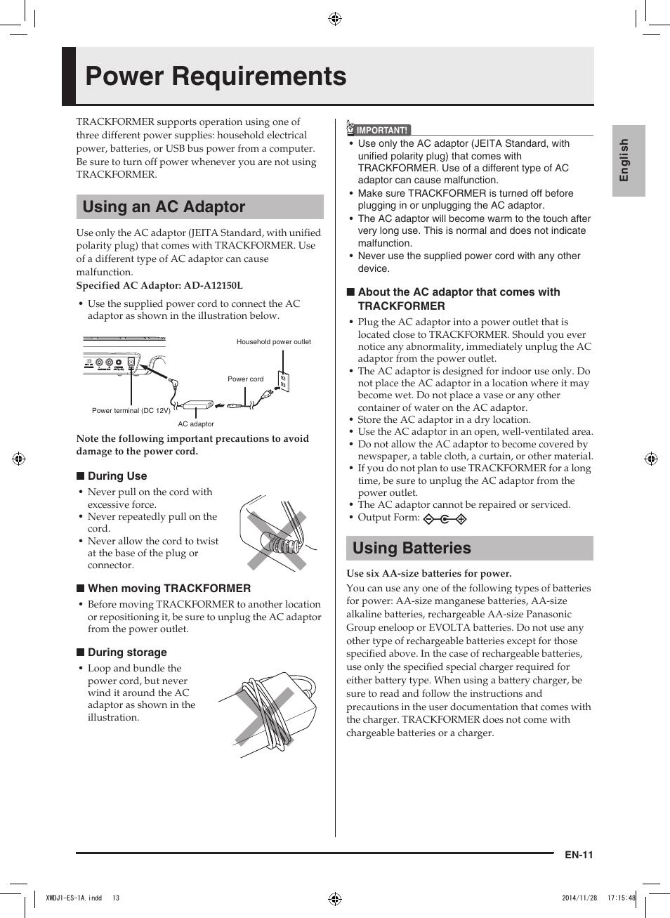 Power requirements, Using an ac adaptor, Using batteries | Casio XW-DJ1 User Manual | Page 13 / 23