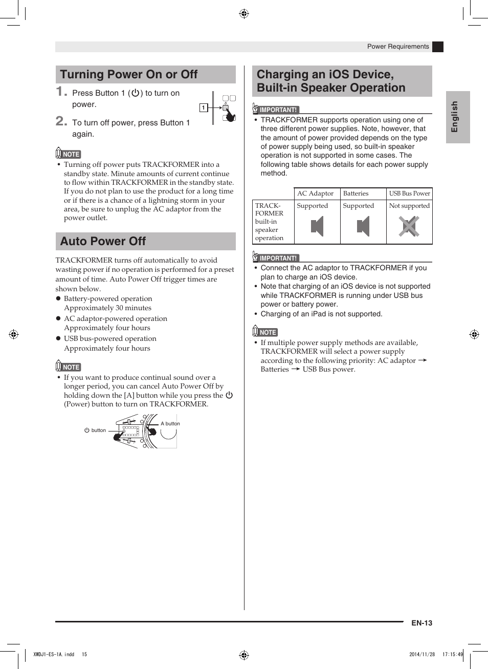 Turning power on or off auto power off, Charging an ios device, built-in speaker operation | Casio XW-DJ1 User Manual | Page 15 / 23