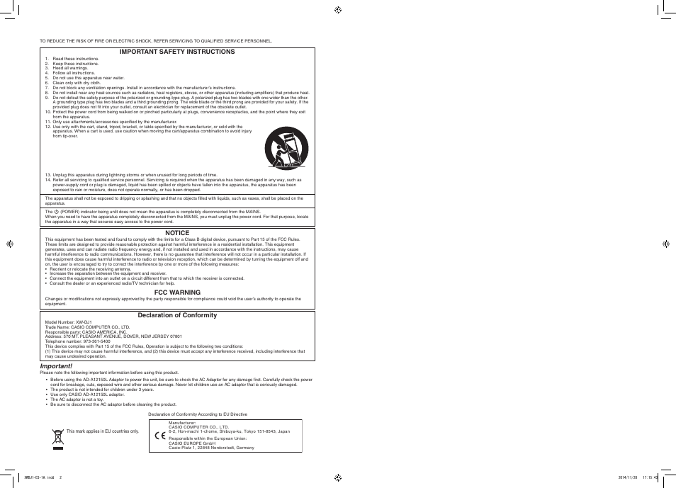 Important, Important safety instructions, Notice | Fcc warning, Declaration of conformity | Casio XW-DJ1 User Manual | Page 2 / 23