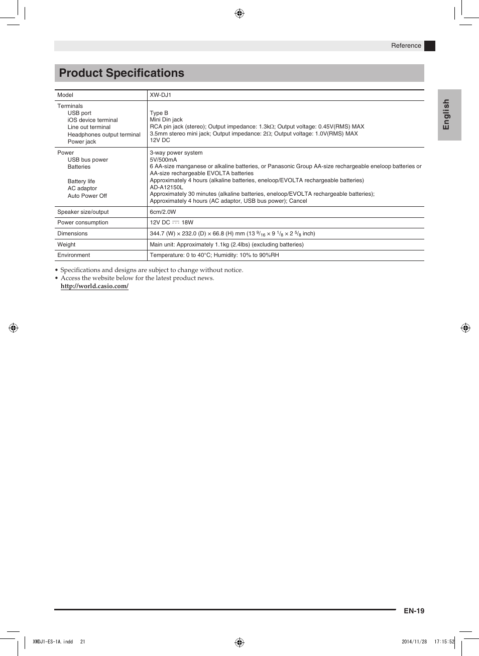 Product specifications, English, En-19 | Casio XW-DJ1 User Manual | Page 21 / 23