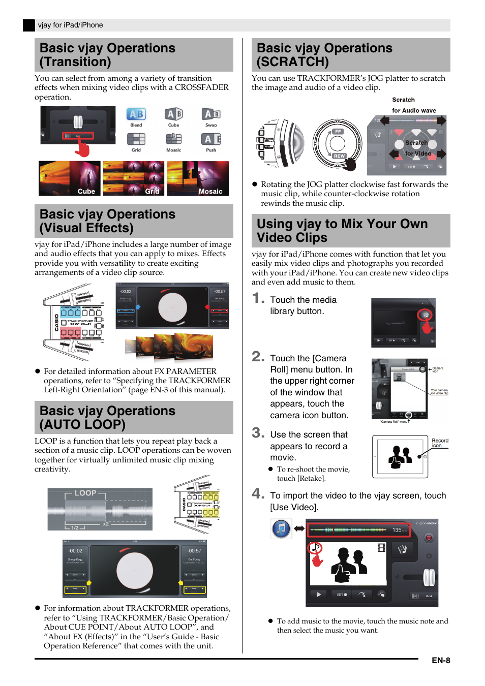 Basic vjay operations (transition), Basic vjay operations (visual effects), Basic vjay operations (auto loop) | Basic vjay operations (scratch), Using vjay to mix your own video clips | Casio XW-DJ1 Tutorial User Manual | Page 10 / 19