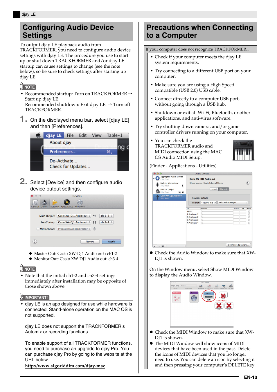 Configuring audio device settings, Precautions when connecting to a computer | Casio XW-DJ1 Tutorial User Manual | Page 12 / 19