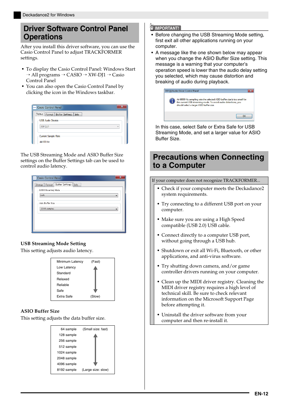 Driver software control panel operations, Precautions when connecting to a computer | Casio XW-DJ1 Tutorial User Manual | Page 14 / 19