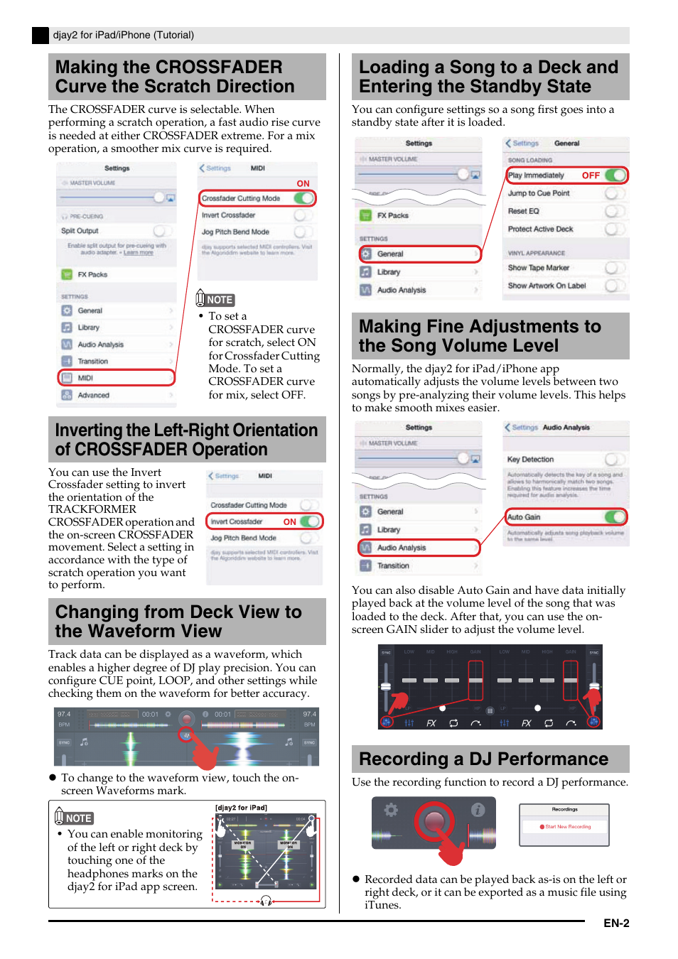 Making the crossfader curve the scratch direction, Changing from deck view to the waveform view, Making fine adjustments to the song volume level | Recording a dj performance | Casio XW-DJ1 Tutorial User Manual | Page 4 / 19