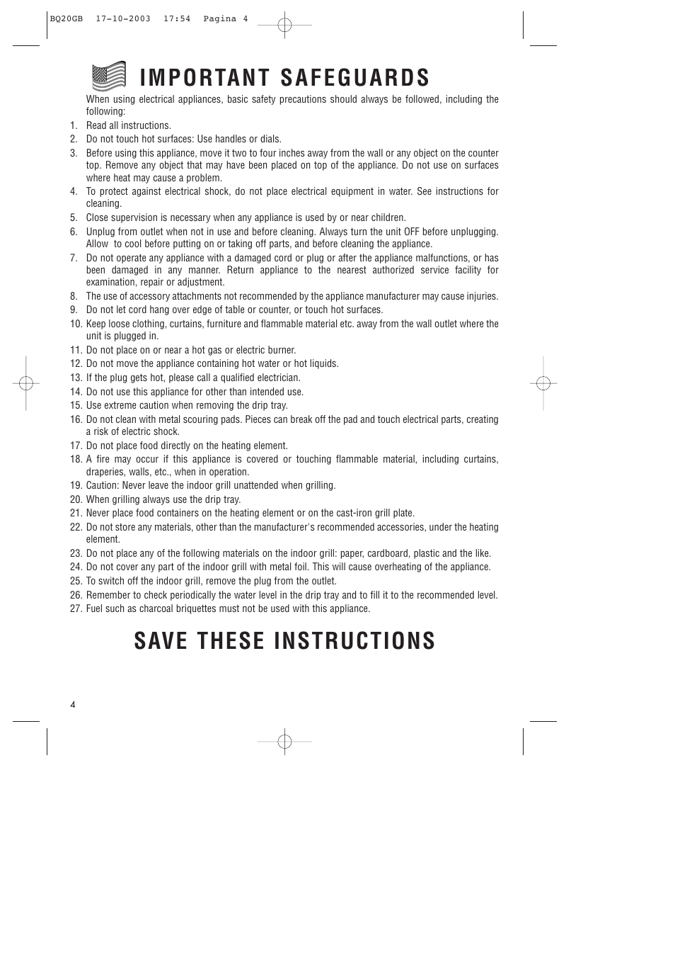 Save these instructions | DeLonghi BQ20 User Manual | Page 4 / 9