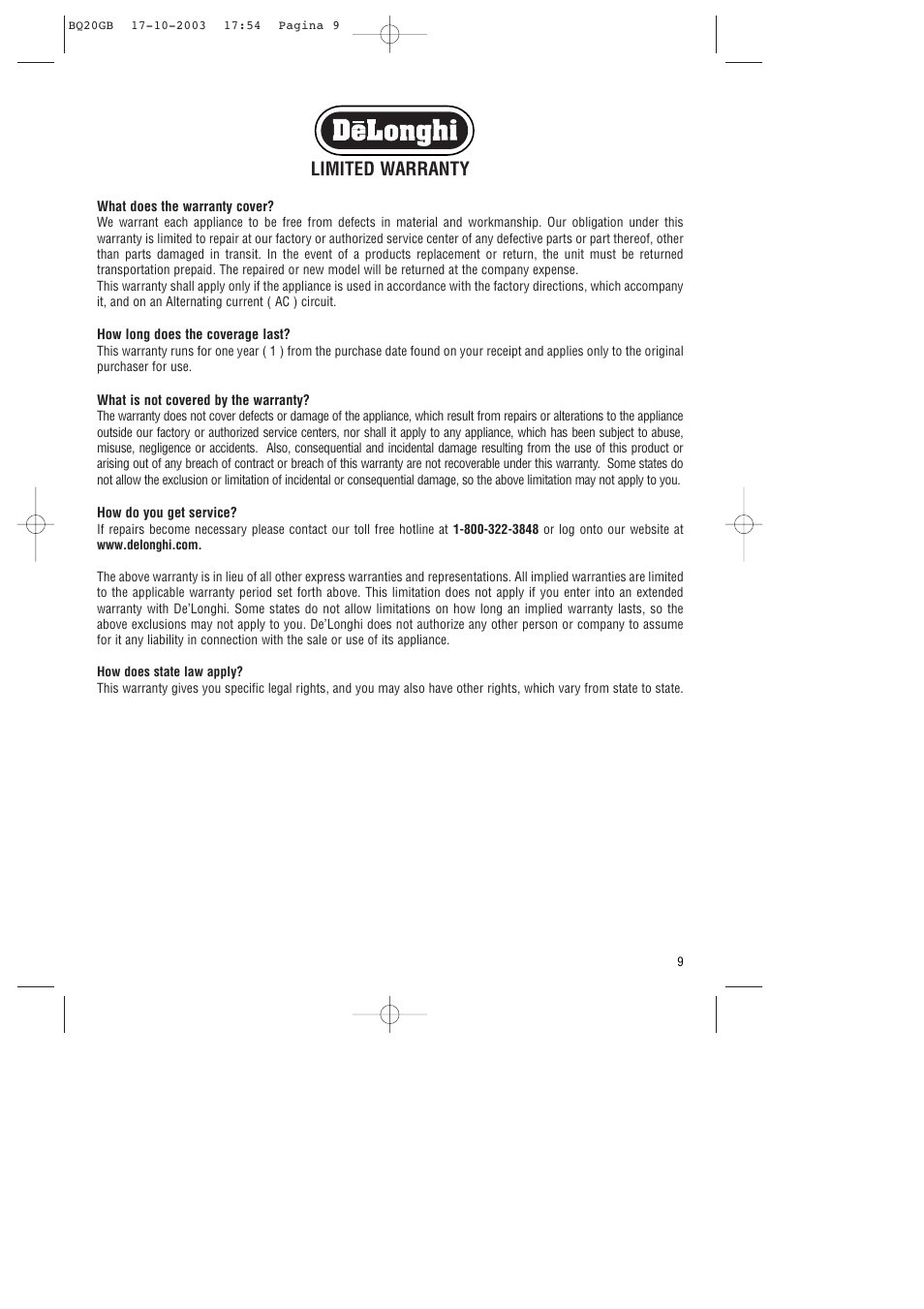 Limited warranty | DeLonghi BQ20 User Manual | Page 9 / 9