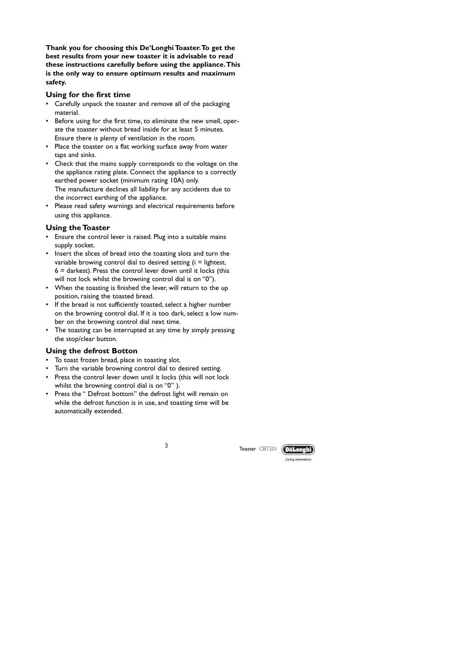 DeLonghi CBT201 User Manual | Page 3 / 8