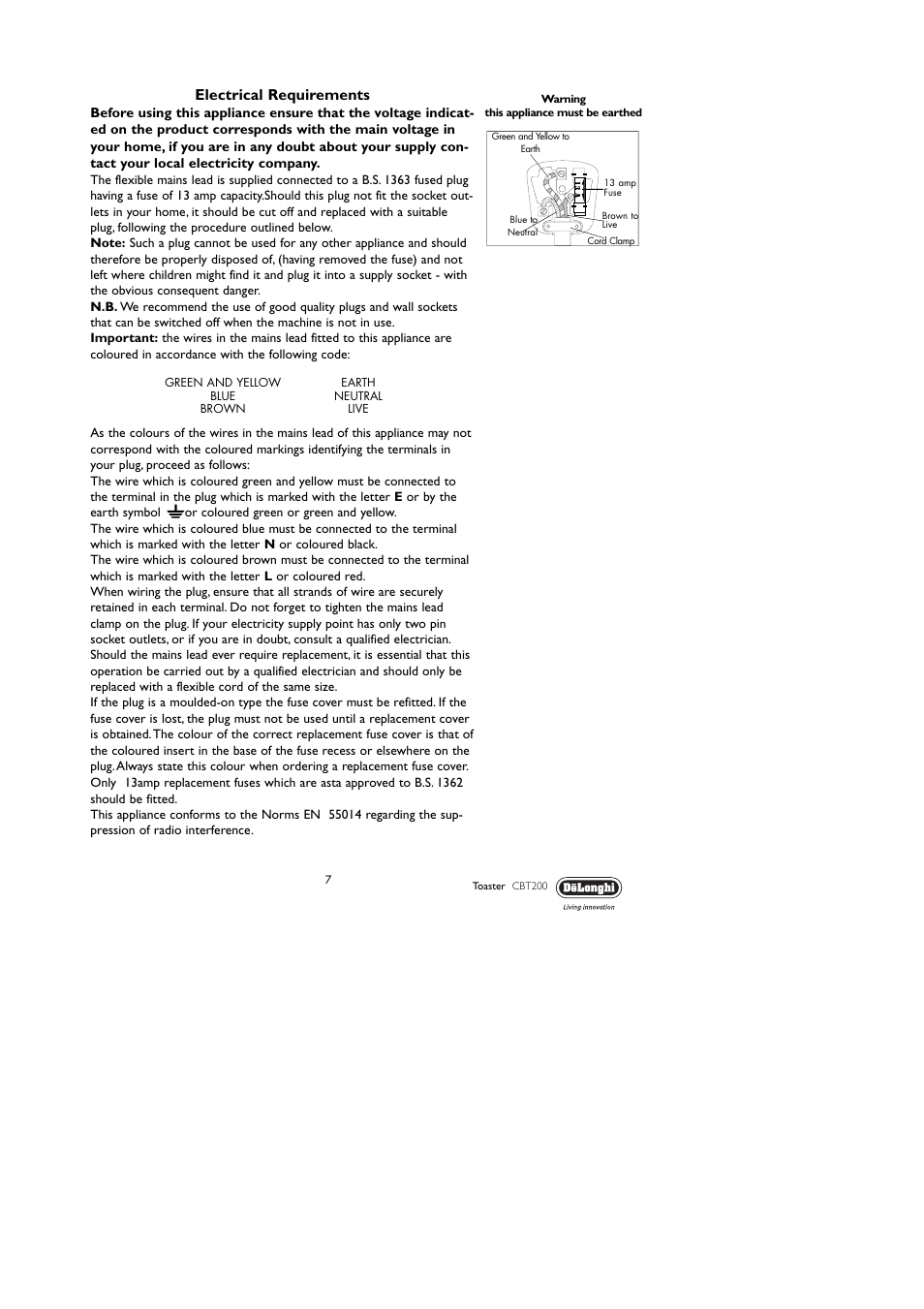 Electrical requirements | DeLonghi CBT201 User Manual | Page 7 / 8