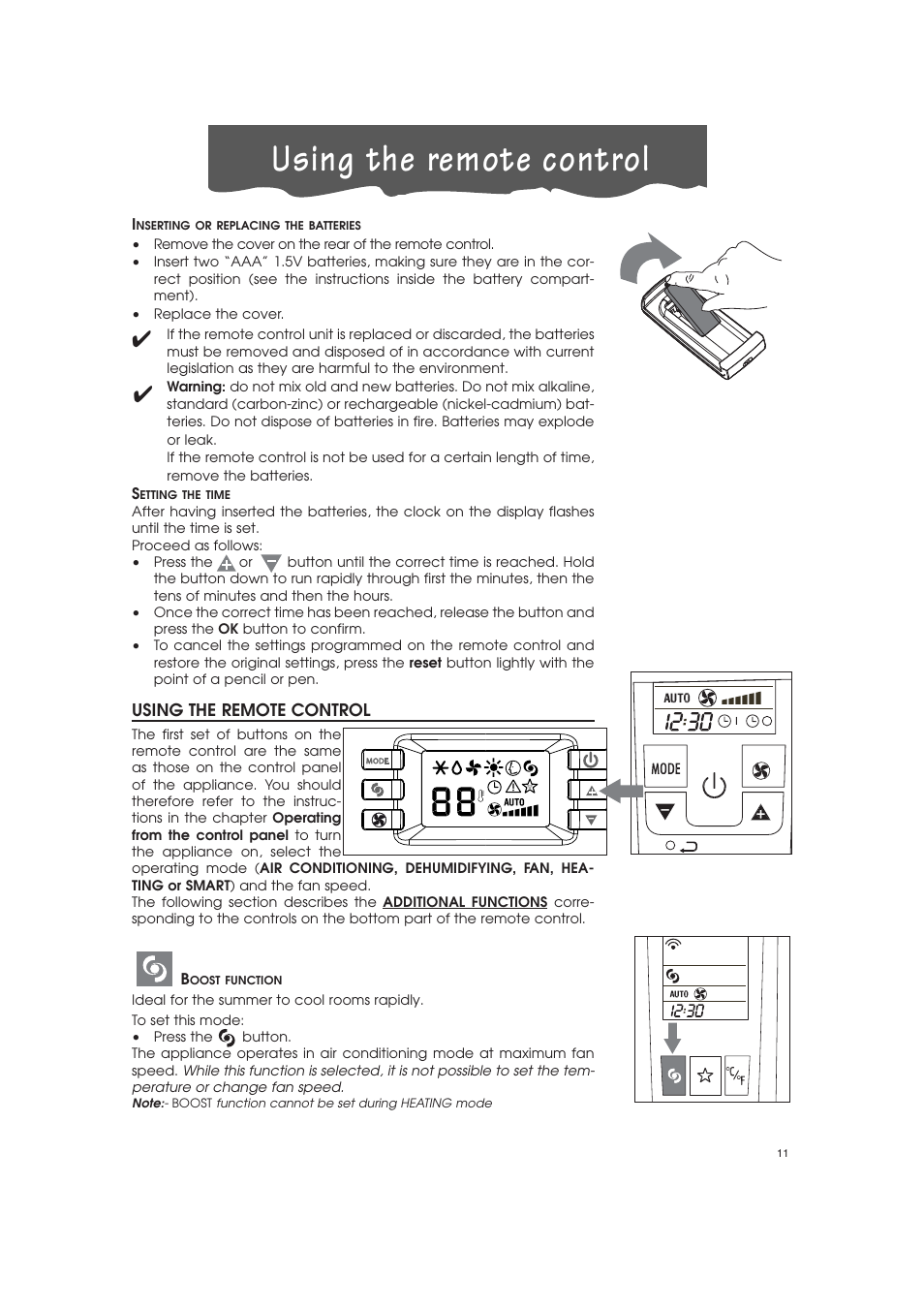 Using the remote control | DeLonghi PAC-A130HPE User Manual | Page 8 / 15