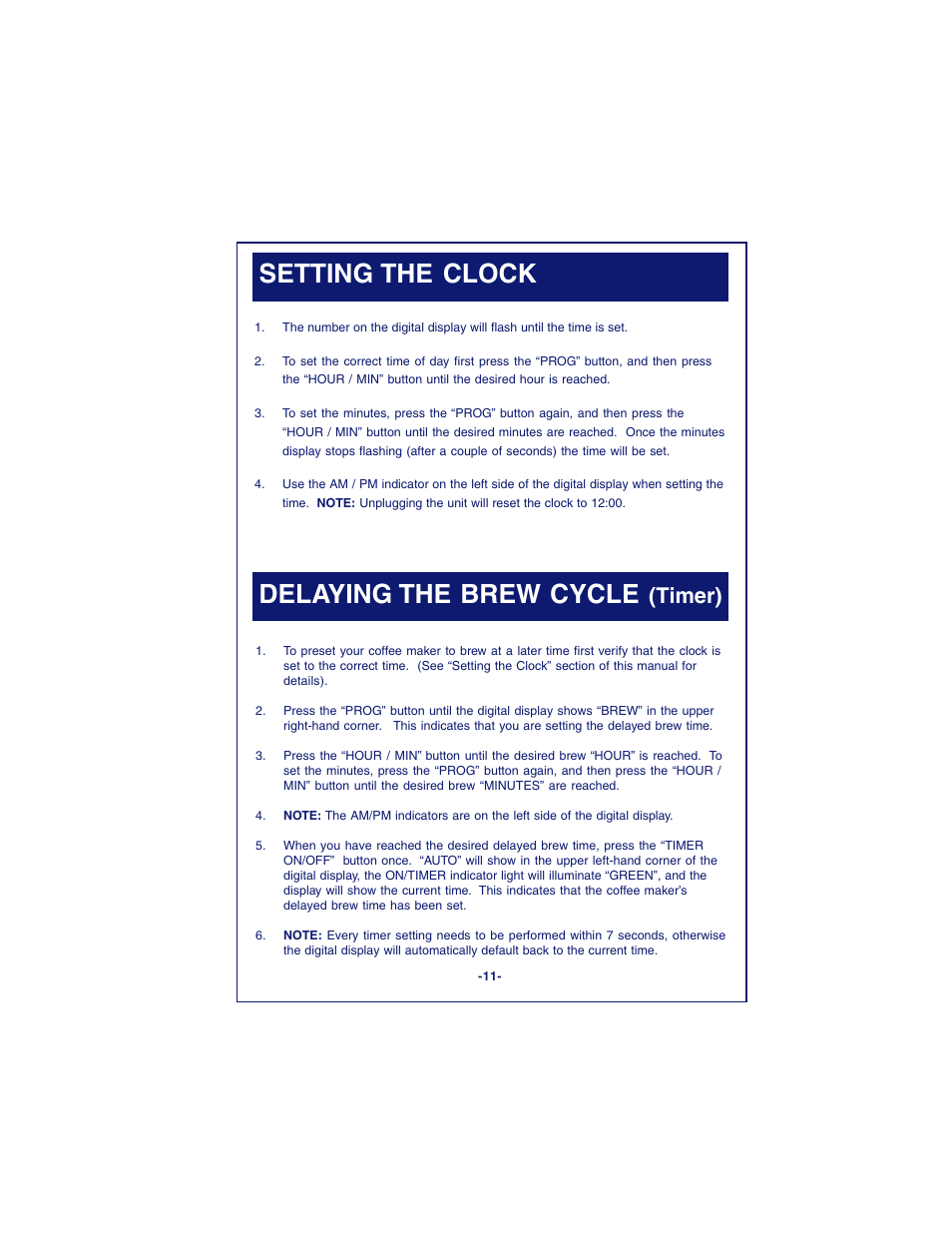 Setting the clock, Delaying the brew cycle, Timer) | DeLonghi DC87T Series User Manual | Page 11 / 19
