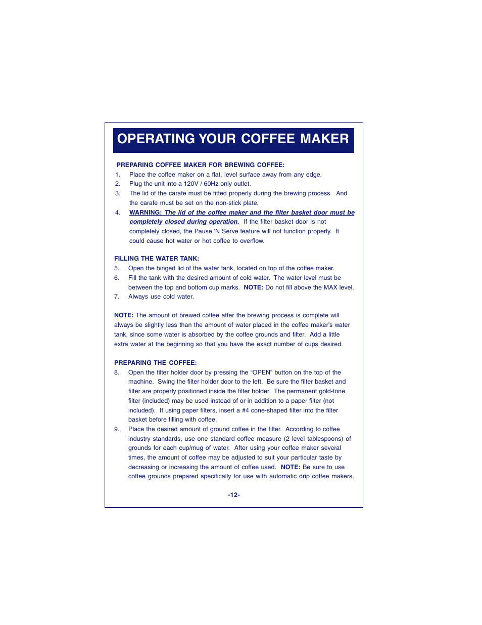 Operating your coffee maker | DeLonghi DC87T Series User Manual | Page 12 / 19