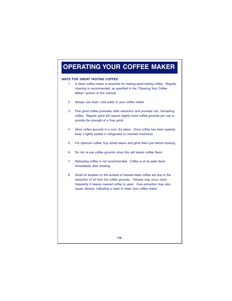 Operating your coffee maker | DeLonghi DC87T Series User Manual | Page 15 / 19