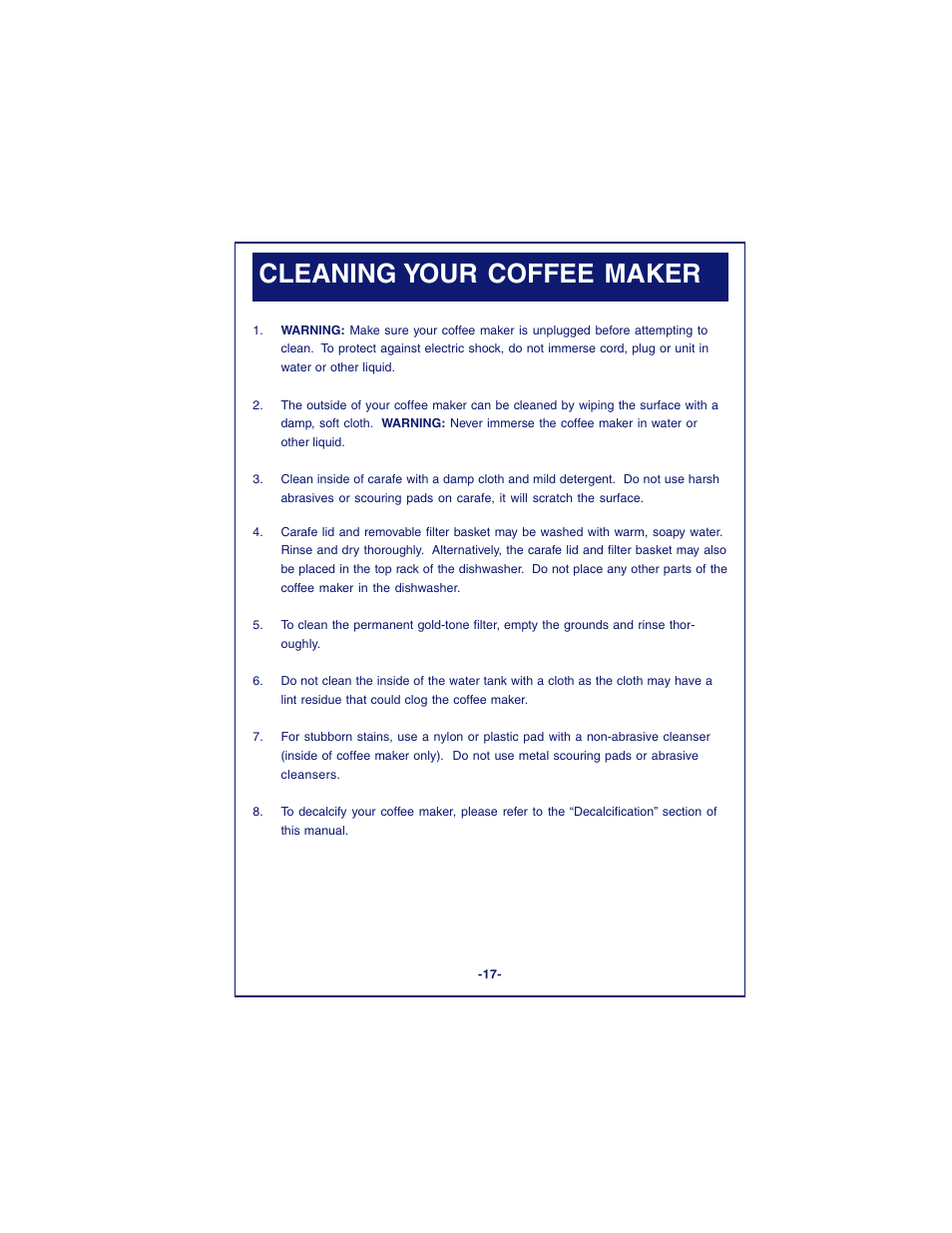 Cleaning your coffee maker | DeLonghi DC87T Series User Manual | Page 17 / 19