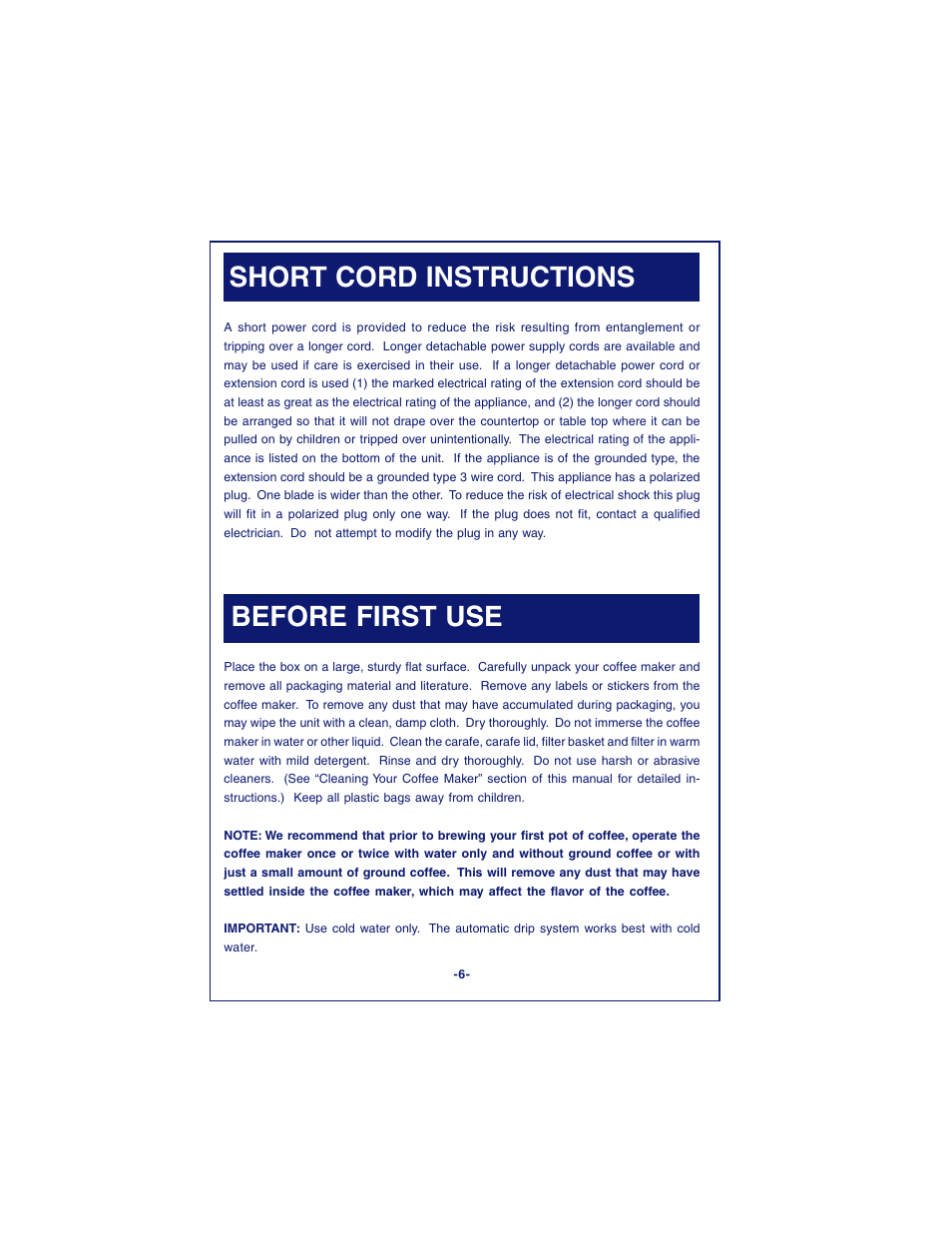 Short cord instructions before first use | DeLonghi DC87T Series User Manual | Page 6 / 19