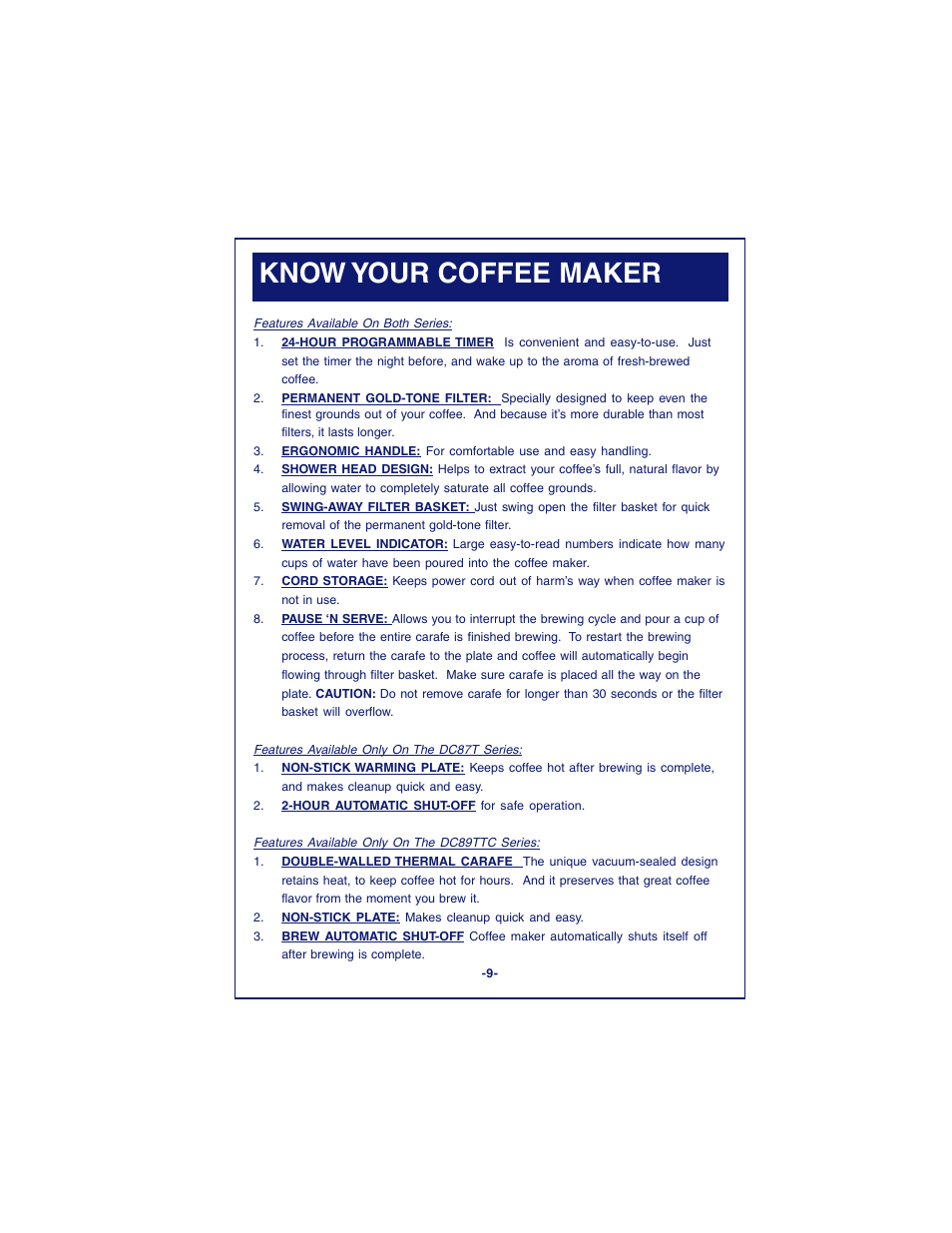 Know your coffee maker | DeLonghi DC87T Series User Manual | Page 9 / 19