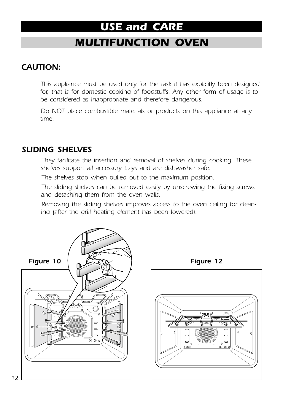 Use and care, Multifunction oven, Caution | Sliding shelves | DeLonghi DMFPSII User Manual | Page 12 / 36