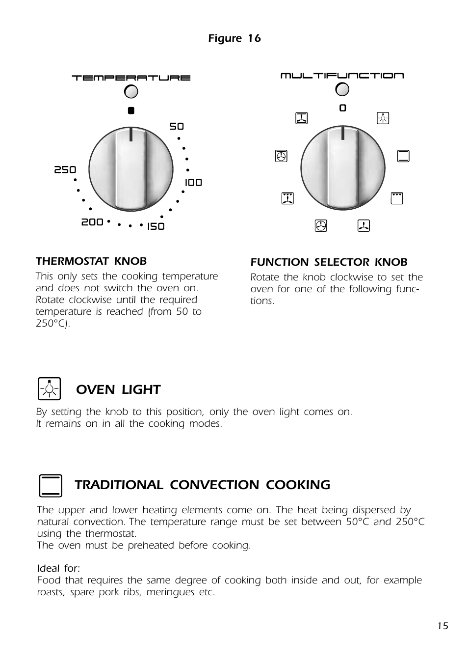 Traditional convection cooking, Oven light | DeLonghi DMFPSII User Manual | Page 15 / 36