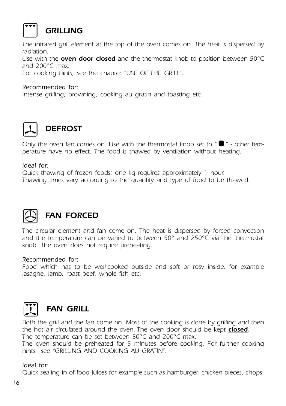 Defrost, Grilling, Fan grill | Fan forced | DeLonghi DMFPSII User Manual | Page 16 / 36