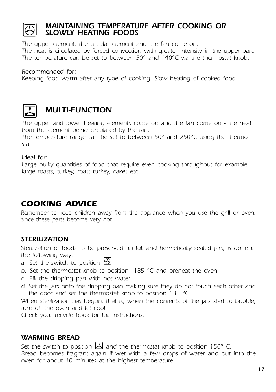 Multi-function, Cooking advice | DeLonghi DMFPSII User Manual | Page 17 / 36