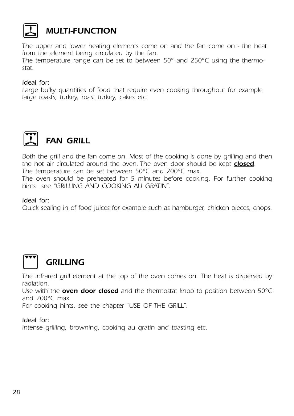 Multi-function, Grilling, Fan grill | DeLonghi DMFPSII User Manual | Page 28 / 36