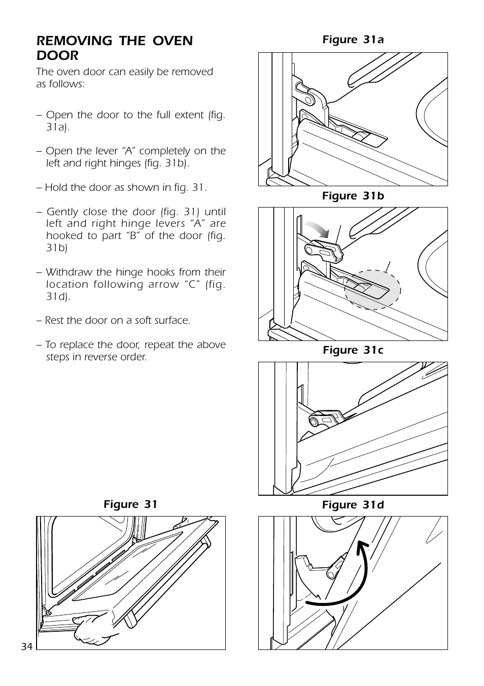 Removing the oven door | DeLonghi DMFPSII User Manual | Page 34 / 36