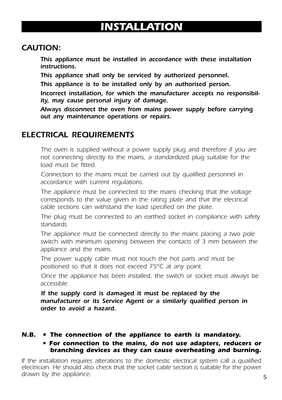 Installation, Caution, Electrical requirements | DeLonghi DMFPSII User Manual | Page 5 / 36