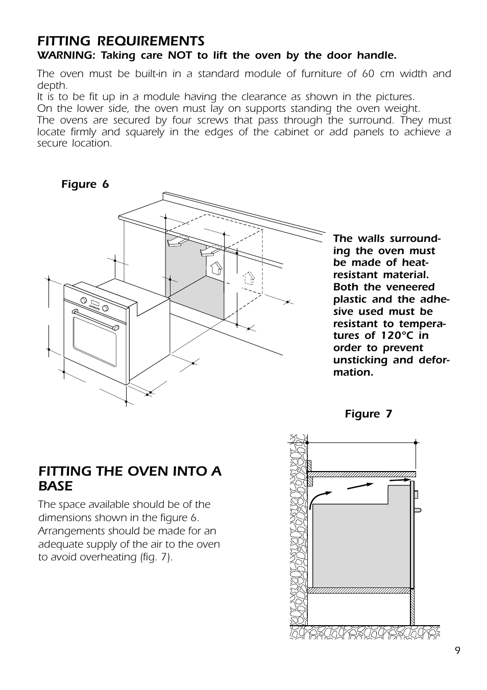 Fitting the oven into a base, Fitting requirements | DeLonghi DMFPSII User Manual | Page 9 / 36