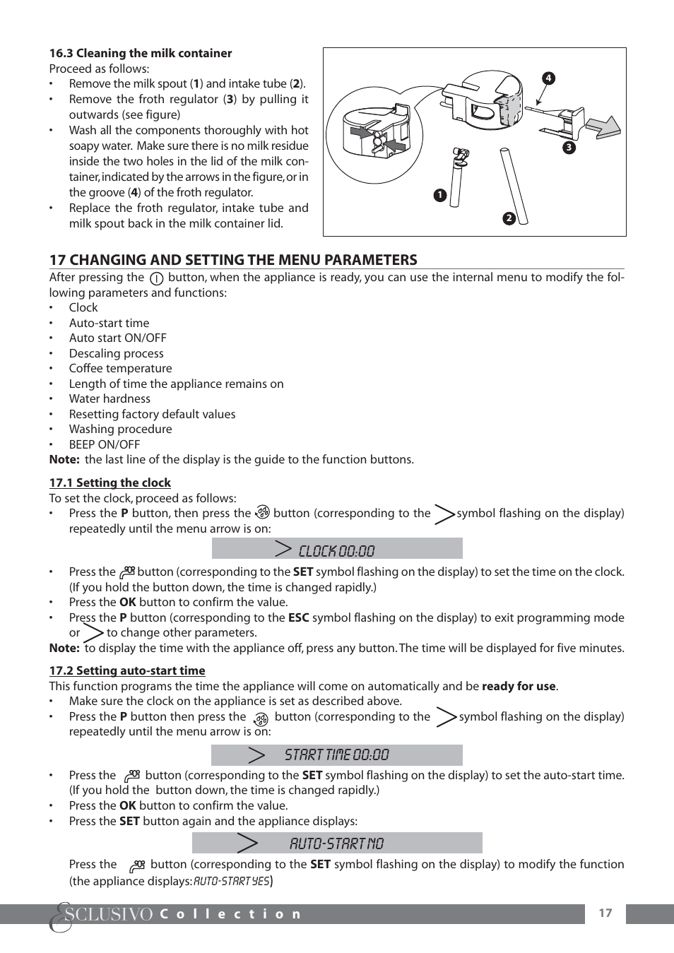 Clock 00:00, Start time 00:00, Auto-start no | 17 changing and setting the menu parameters | DeLonghi ESAM6600 User Manual | Page 18 / 45