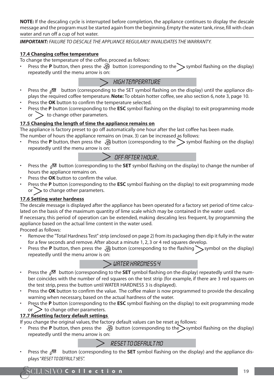 High temperature, Off after 1 hour, Water hardness 4 | Reset to default no | DeLonghi ESAM6600 User Manual | Page 20 / 45