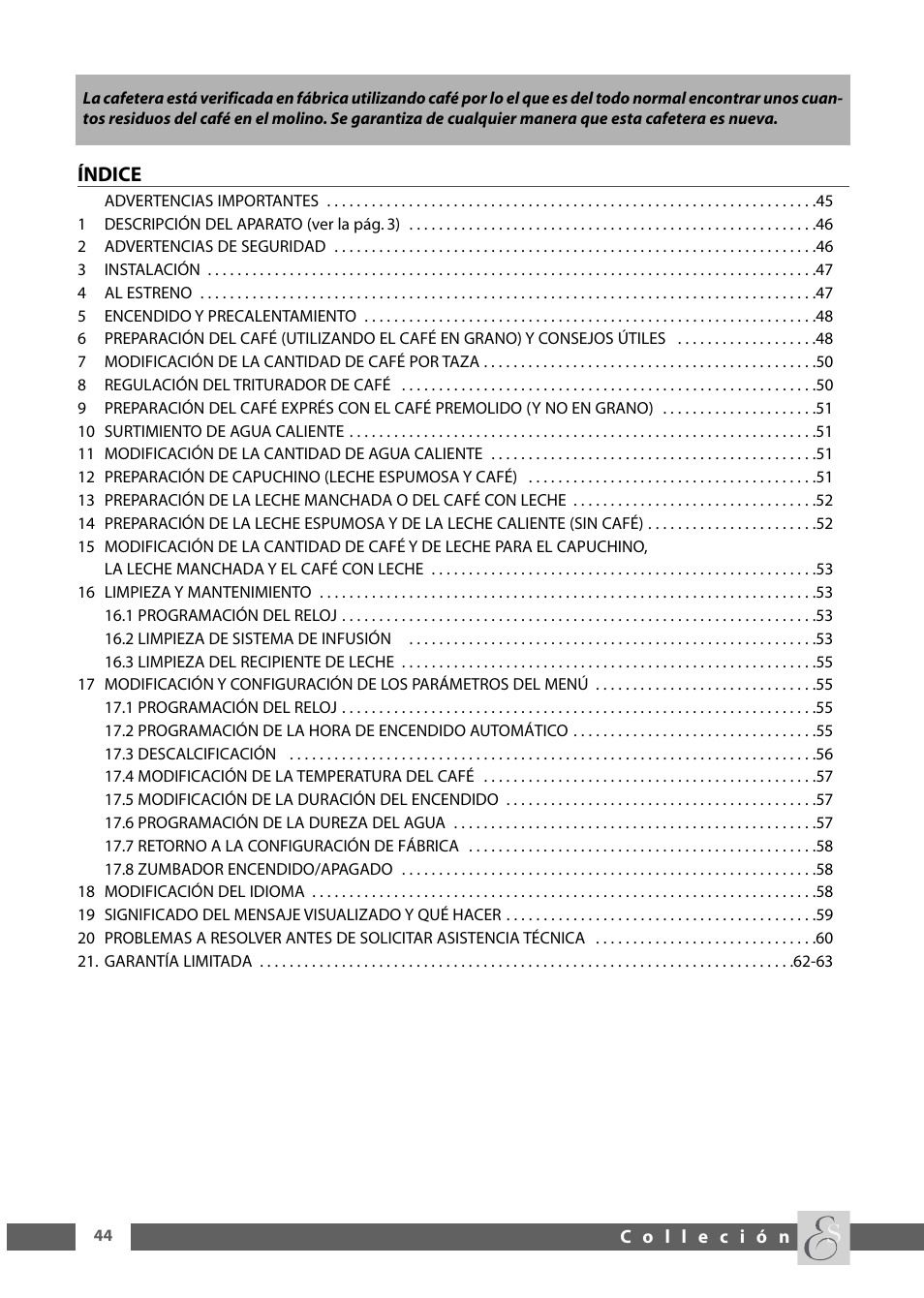 Índice | DeLonghi ESAM6600 User Manual | Page 26 / 45