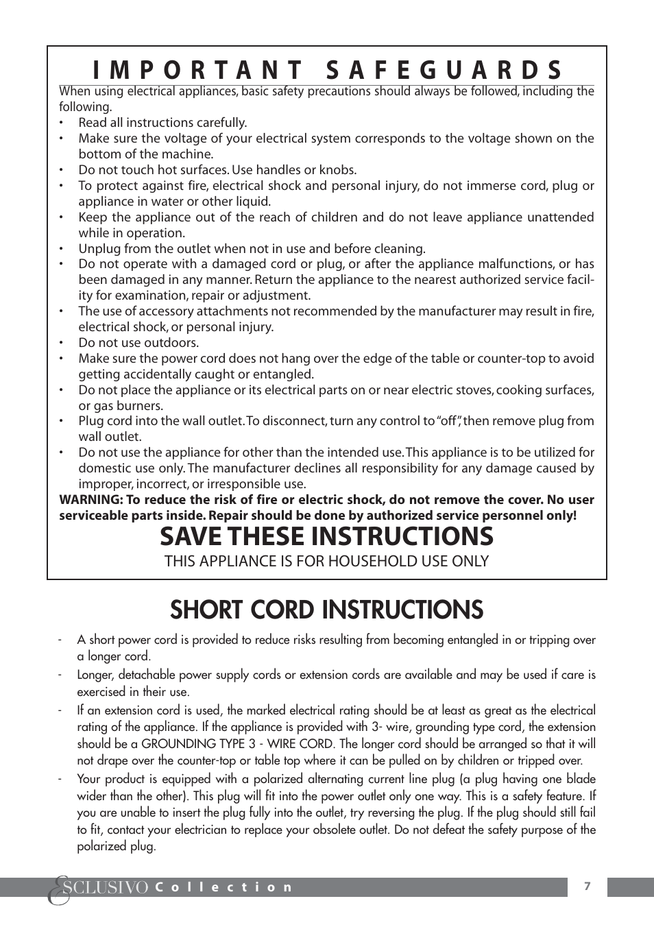 Save these instructions, Short cord instructions | DeLonghi ESAM6600 User Manual | Page 8 / 45