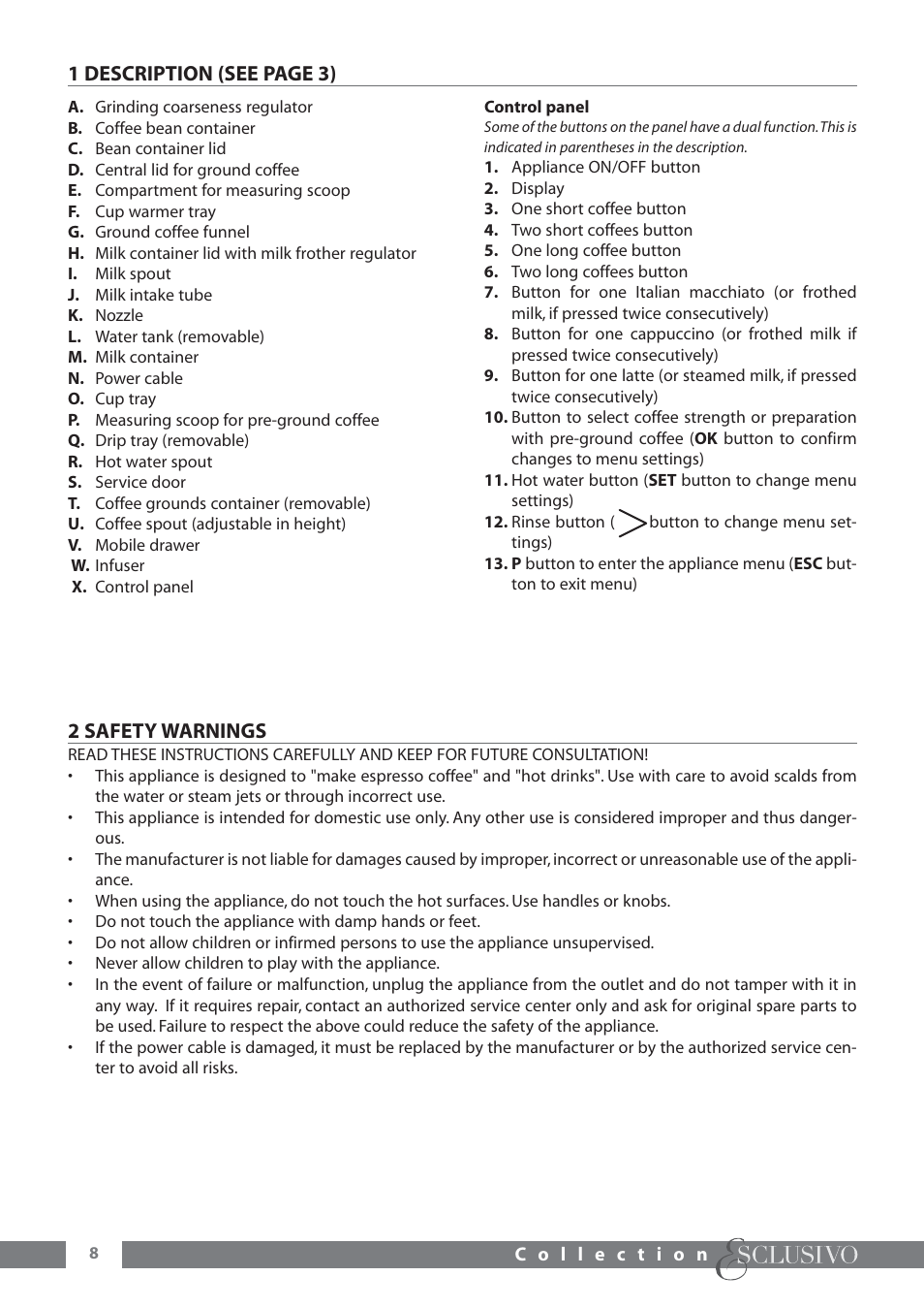 1 description (see page 3), 2 safety warnings | DeLonghi ESAM6600 User Manual | Page 9 / 45