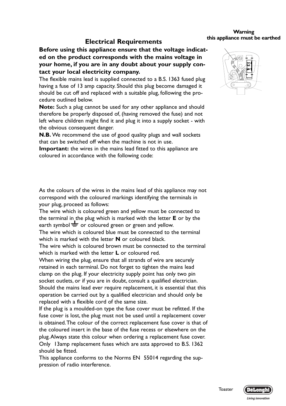 Electrical requirements | DeLonghi CT04R User Manual | Page 7 / 8