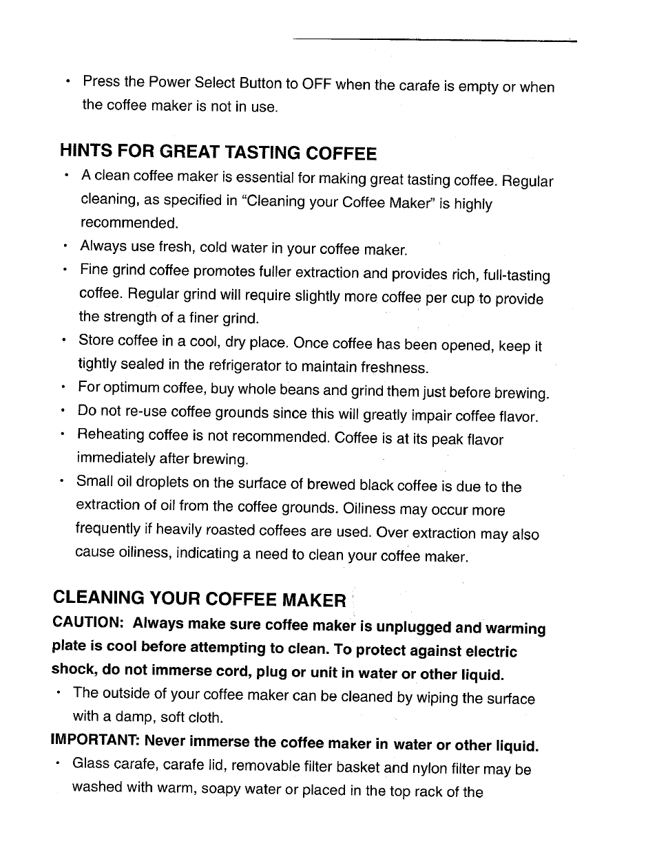 Hints for great tasting coffee, Cleaning your coffee maker | DeLonghi DC76T User Manual | Page 10 / 12