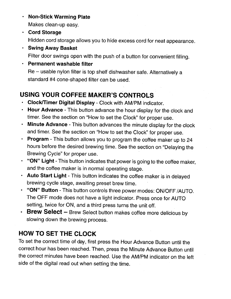 Non-stick warming plate, Using your coffee maker’s controls, Brew select | How to set the clock | DeLonghi DC76T User Manual | Page 6 / 12