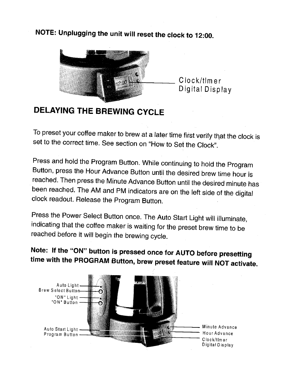 Clock/tlmer digital display, Delaying the brewing cycle | DeLonghi DC76T User Manual | Page 7 / 12