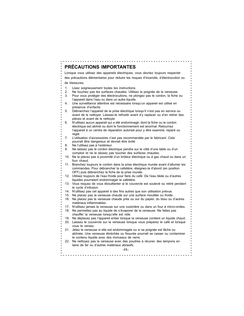 Précautions importantes | DeLonghi DC50 User Manual | Page 11 / 42