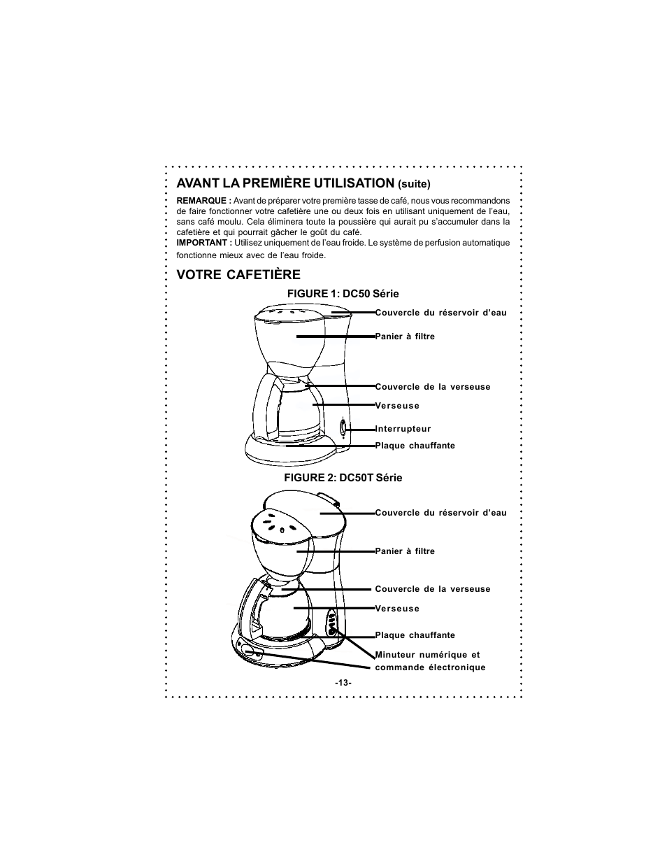 Avant la première utilisation, Votre cafetière | DeLonghi DC50 User Manual | Page 13 / 42
