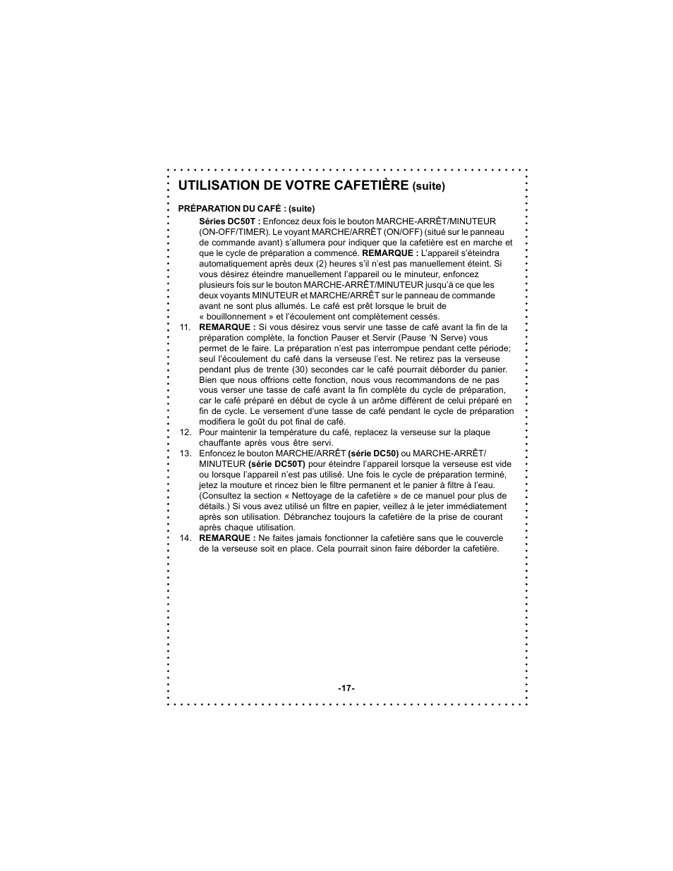 Utilisation de votre cafetière | DeLonghi DC50 User Manual | Page 17 / 42