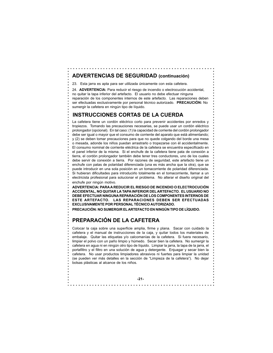 Advertencias de seguridad, Instrucciones cortas de la cuerda, Preparación de la cafetera | DeLonghi DC50 User Manual | Page 21 / 42