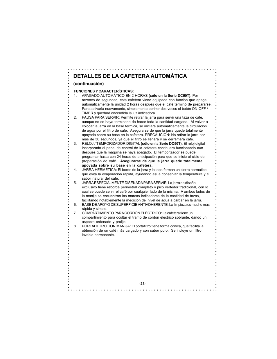 Detalles de la cafetera automática | DeLonghi DC50 User Manual | Page 23 / 42