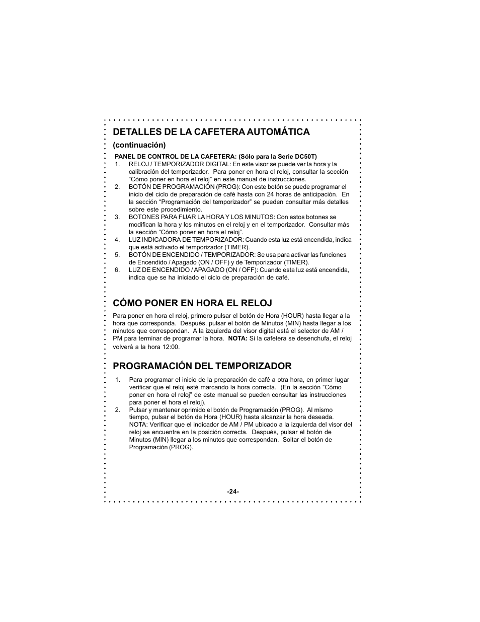Detalles de la cafetera automática, Cómo poner en hora el reloj, Programación del temporizador | DeLonghi DC50 User Manual | Page 24 / 42