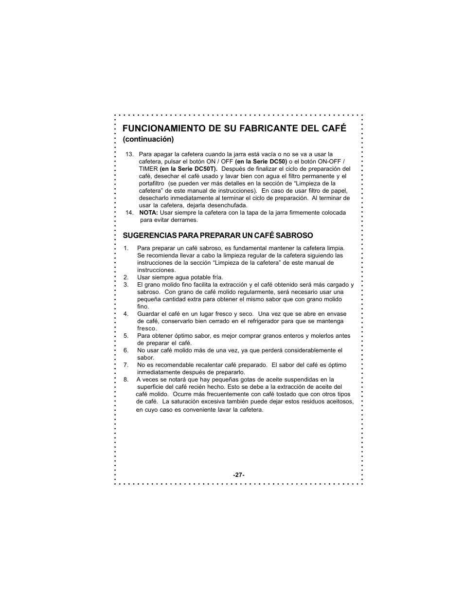 Funcionamiento de su fabricante del café | DeLonghi DC50 User Manual | Page 27 / 42