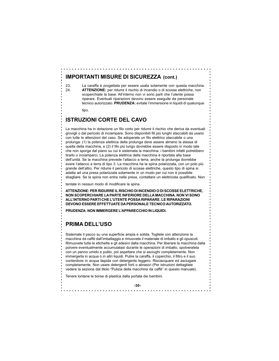 Importanti misure di sicurezza, Istruzioni corte del cavo, Prima dell’uso | DeLonghi DC50 User Manual | Page 30 / 42