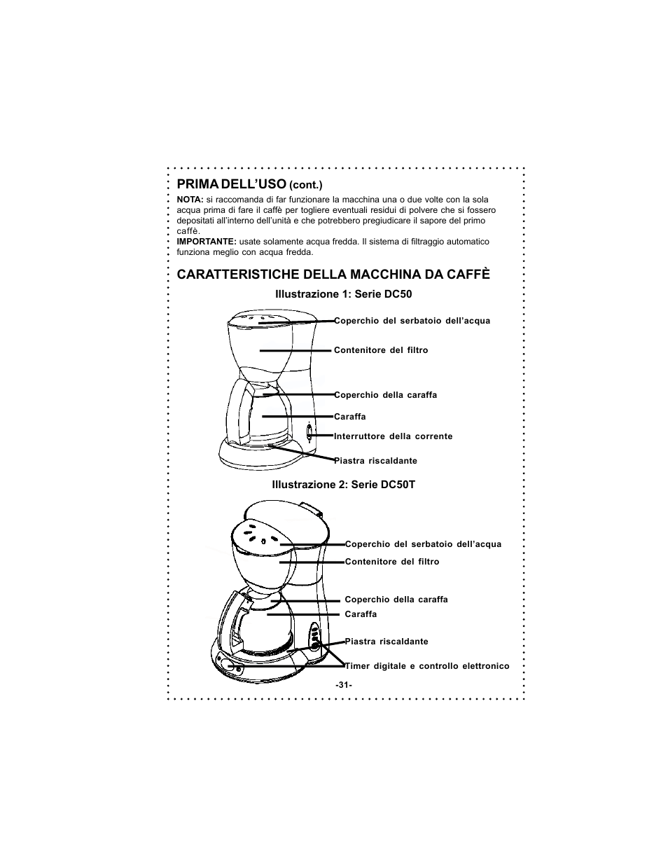 Prima dell’uso, Caratteristiche della macchina da caffè | DeLonghi DC50 User Manual | Page 31 / 42