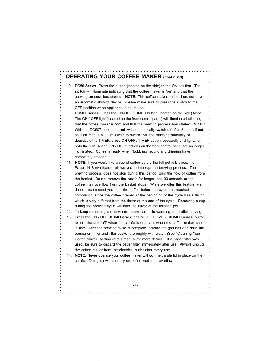 Operating your coffee maker | DeLonghi DC50 User Manual | Page 8 / 42