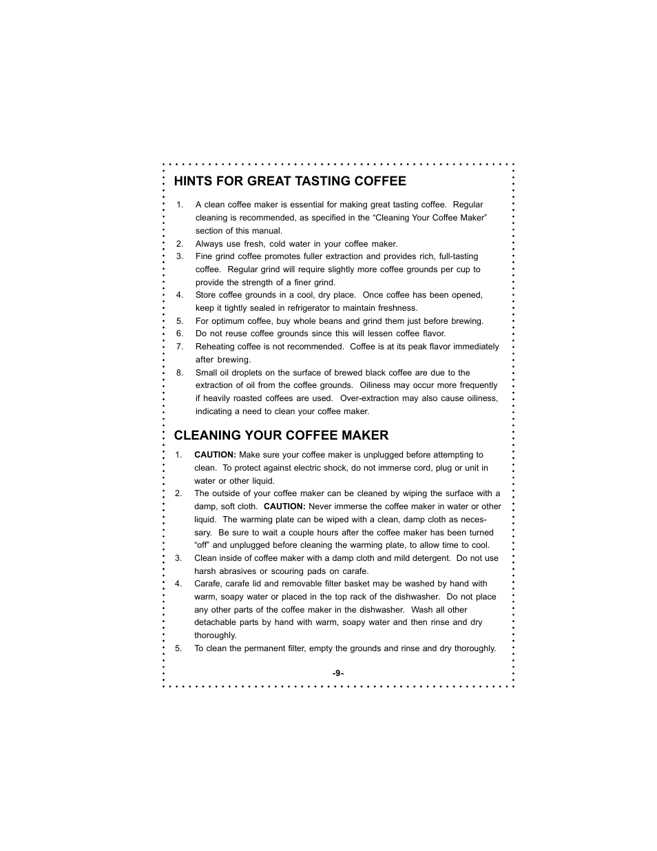 Hints for great tasting coffee, Cleaning your coffee maker | DeLonghi DC50 User Manual | Page 9 / 42